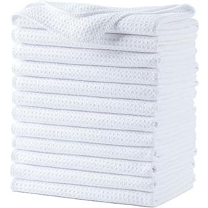 POLYTE Premium Microfiber Kitchen Dish Hand Towel Waffle Weave 12 Pack (16x28 in, White)