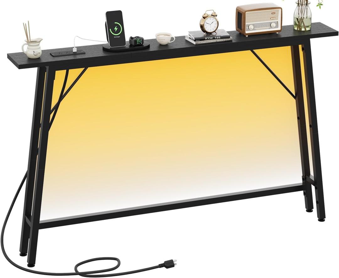 47'' Skinny Console Table with Charging Station and LED Light, Narrow Sofa Table with Power Outlets and Type C & USB Port, Behind Couch Table, for Living Room, Entryway, Hallway, Black (47.2"Lx5.91"Wx31.7"H)
