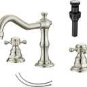 GGStudy 2 Handles 3 Holes Faucet Widespread Bathroom Sink Faucet Brushed Nickel Basin Tap Mixer Faucet Matching Pop Up Drain