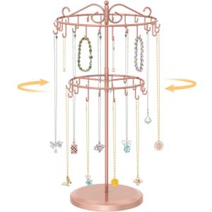 EsLuker.ly Necklace Holder Organizer Rotating Display Stand, 2 Tier Adjustable Height Necklaces Hanger Tree with 42 Hooks, Metal Tall Jewelry Bracelet Storage Rack for Women Vendors Sell, Rose Gold