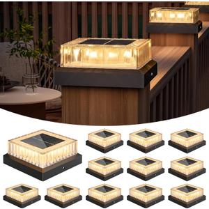 VOLISUN Solar Fence Post Cap Lights, 4x4 Solar Post Cap Lights for Fence Posts, Outdoor Post Lights Solar Powered Deck Post Lights for Outside, IP64 Waterproof Warm Light with Vertical Stripe Lens (12