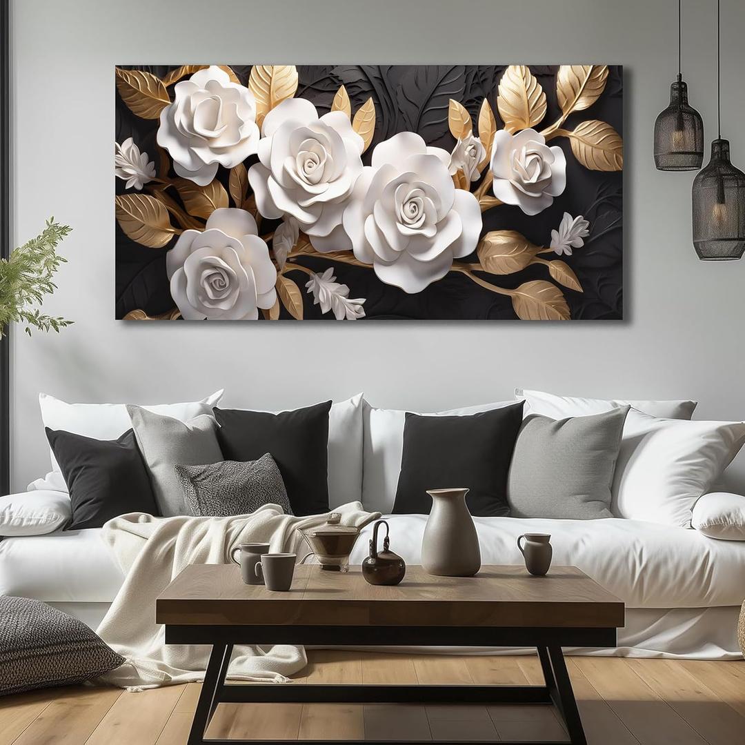 Flower Wall Art Black and Gold Floral Large Botanical Artwork 29x58 Inch