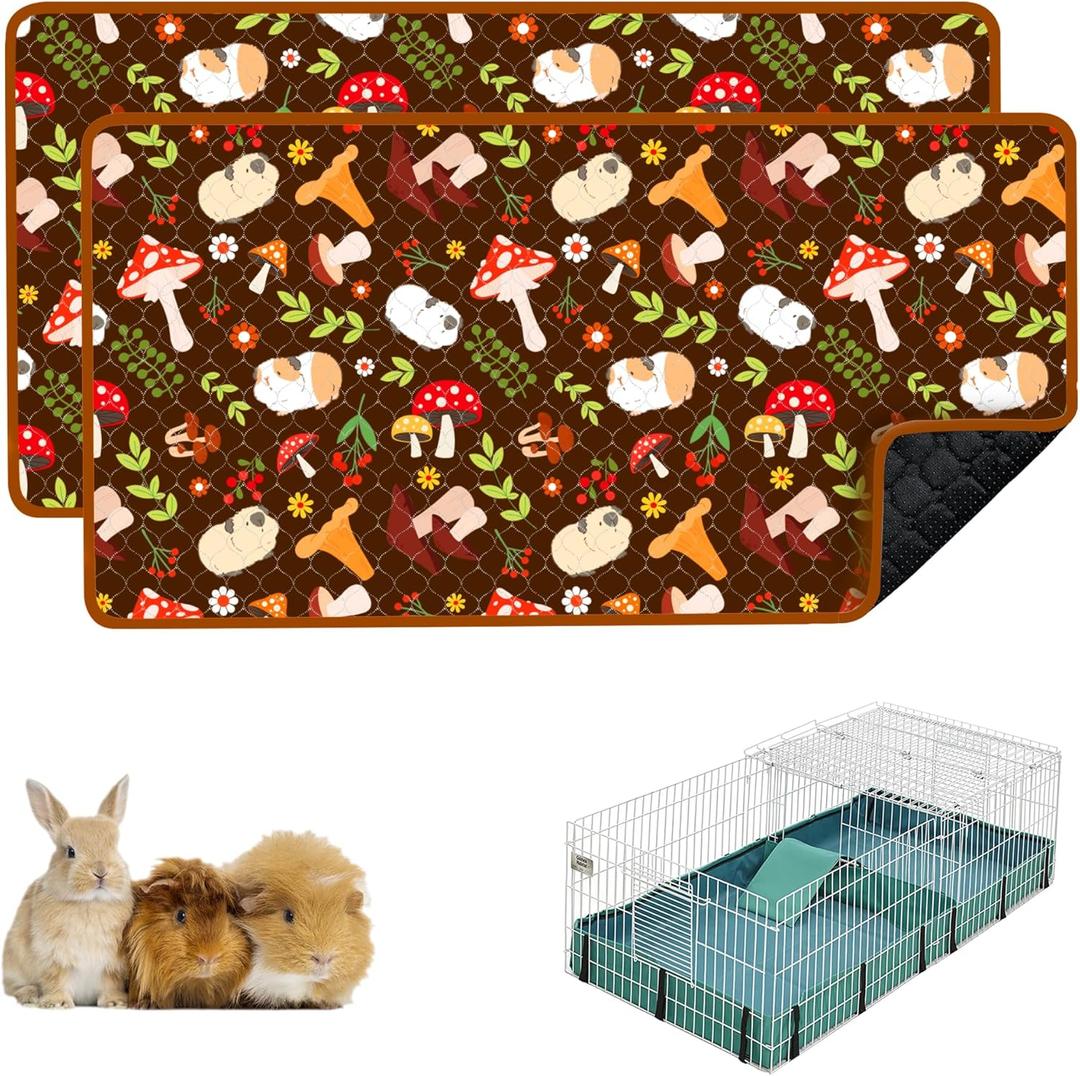 Guinea Pig Cage Liners, 2 Pack 49x24in Washable Guinea Pig Bedding, Waterproof Reusable & Anti Slip, Super Absorbent Guinea Pig Pee Pad for Small Animal, Rabbit, Bunny, Chinchilla, Brown (Mushroom)