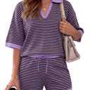 2 Piece Sets for Women Summer Outfits Waffle Stripe Knit Short Sleeve Matching Lounge Set with Pockets M