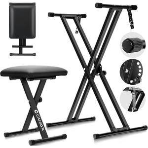CAHAYA Keyboard Stand and Bench Set: 13~39 Inch Wide Adjustable Height Heavy Duty Portable Piano Stand and Bench with Locking Straps Double-X 7-Level Adjustable for 61 76 88 Key Keyboards