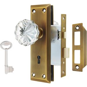 Mortise Lock Set Interior Door, Crystal Glass Door Knobs with Lock and Skeleton Key, Old Door Knob Replacement, Vintage Antique Door Handle, Antique Brass Finish (Mortise(1 Pack))