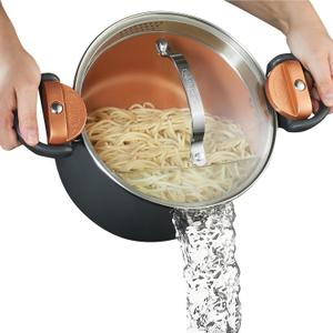 Gotham Steel 5 Quart Stock Pot Multipurpose Pasta Pot with Strainer Lid & Twist and Lock Handles, Nonstick Ceramic Surface Makes for Effortless Cleanup with Tempered Glass Lid, Dishwasher Safe (Graphite)