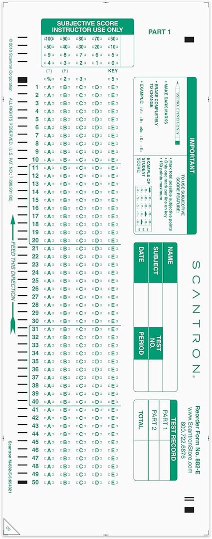Official Scantron Brand 882-E Answer Sheet (25 Pack)
