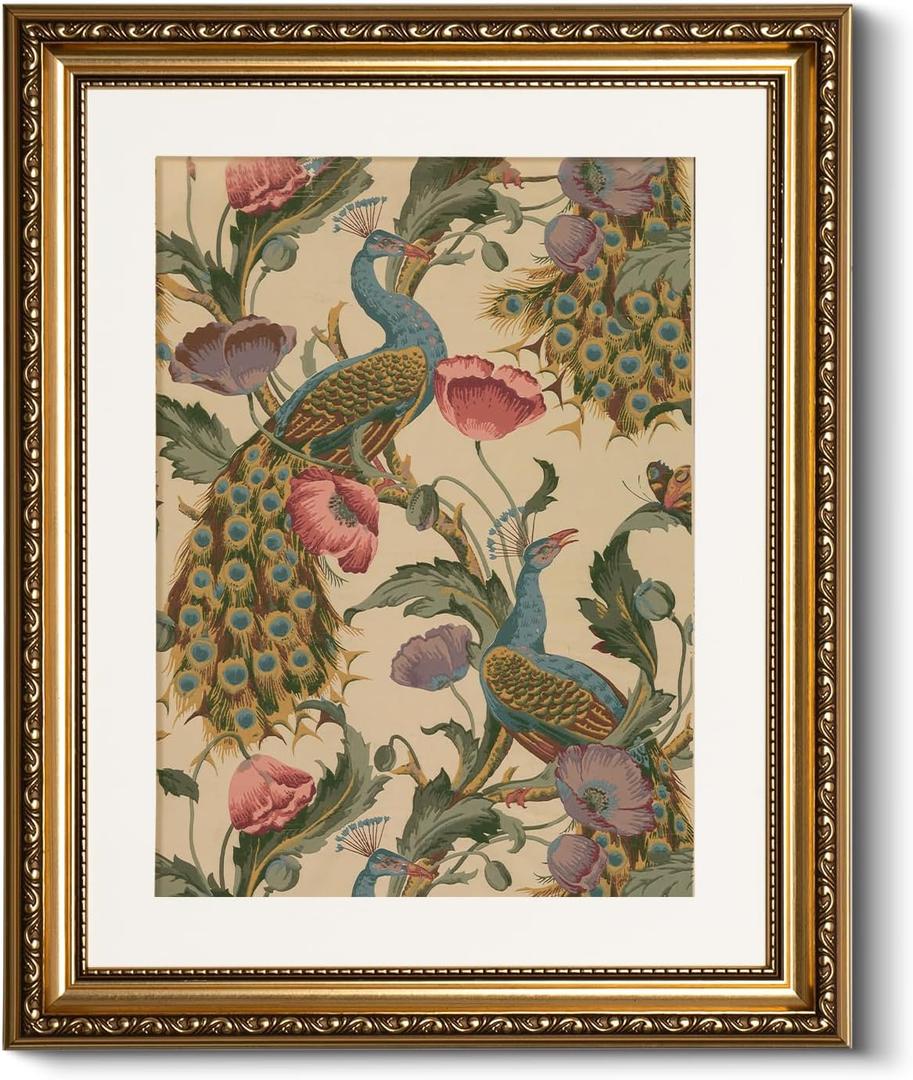 Golden Framed Canvas Wall Art Vintage Peacock, Classic Vine With Poppies Floral Canvas Print Wall Decor, Bird Art Print Wall Hanging 13x16 inch, for Bedroom Bathroom Living Room Decor (16L" x 13W")