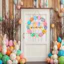 Pink Happy Easter Wreaths for Front Door Peeps Decorations for home Sign Easter Eggs Decor Wooden Wall Decor for Home Office Bathroom Living Room Door Wall Party Supplies 10x10x0.12 inches (Welcome)