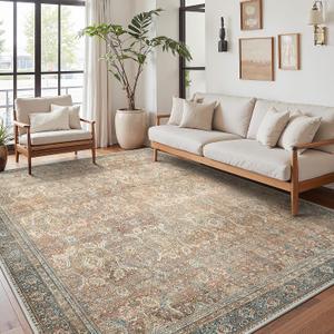 8X10 Area Rugs Machine Washable Rugs for Living Room, Vintage Boho Large Rugs for Bedroom Dining Room, Non Slip Indoor Soft Distressed Lightweight Thin Low Pile Carpet, Cinnamon