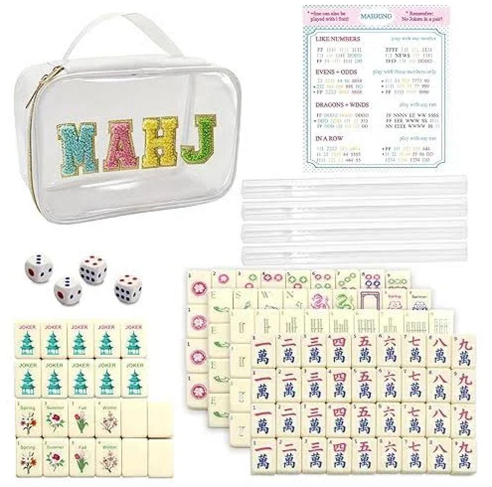 Mini Mahjong Set,American Mahjong Game Set,Complete Mahjong Tile Set with 166 White Tiles (1.2’’),4 Tile rulers,4 dice,1 Bag,100 Chips,5 Instruction Manuals,Mahjong Game Gift for Enthusiasts