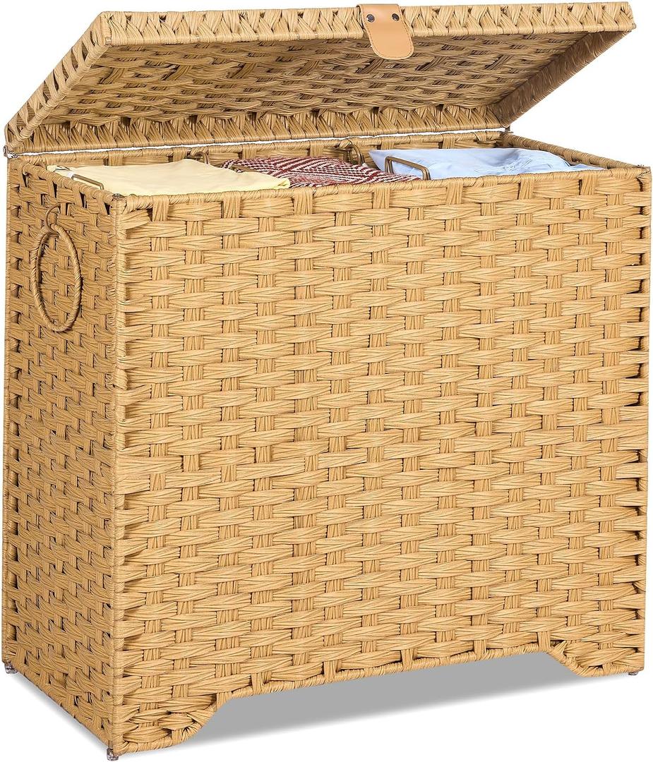 130L Wicker Laundry Hamper with Lid, 3-Section Laundry Basket