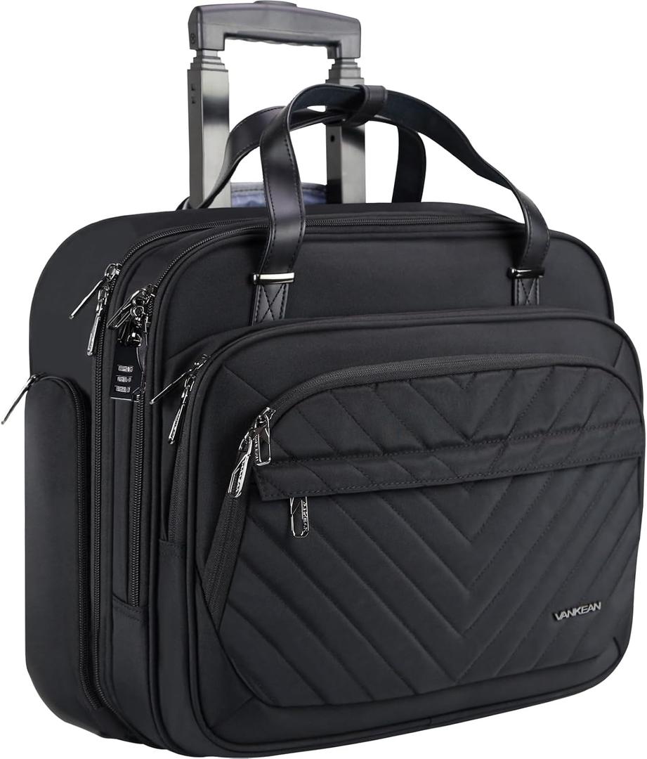 VANKEAN Rolling Laptop Bag Women with Wheels, 15.6 Inch Briefcase for Women, Water Repellent Overnight Rolling Computer Bag with RFID Pockets for Travel Business Work School, Black (Quilted Black)