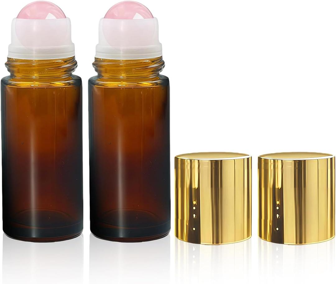 Warmify2 Pack Rose Quartz Roller Bottles for Essential Oils, 50ml Refillable Amber Glass Roll On Bottles with Natural Crystal Roller Balls, Leak-Proof Travel Perfume Bottle with Gold Caps