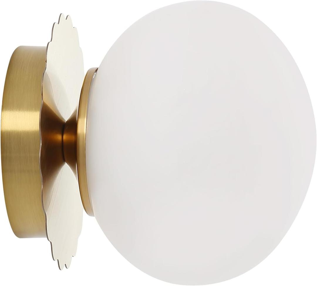 Modern Globe Glass Wall Sconces- Minimalist Home Shop Decor Wall Light 7" Glass Shade Hardwired- 1 Light Mid Century Wall Lamps Indoor Bedroom Bathroom Hallway Vanity Sconce Light (Gold-White)