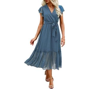 BTFBM Women Summer Bohemian Floral Casual Wrap V Neck Ruffle Cap Sleeveless Belt A-Line Pleated Hem Swing Midi Sun Dress (Swiss Dot Grey Blue, l)