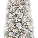 Puleo International 6.5ft Pre-Lit Flocked Portland Pine Pencil Christmas Tree with 300 Clear Lights, 410 Realistic Dense Snow Flocked Branch Tips, Easy Setup Artificial Trees with Sturdy Metal Stand