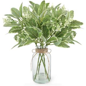 Fake Plants Eucalyptus Stems in Glass Vase with Faux Water, 12" Artificial Plants Eucalyptus Leaves for Shelf Desk Bathroom Farmhouse Coffee Table Home Decor
