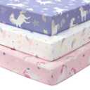 Baby Crib Sheets Girl, 3 Pack Toddler Bed Sheets for 52x28 Standard Toddler Mattresses, Soft Microfiber Fitted Crib Sheets Pink Purple Rainbow