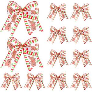 Realspring 12 Pcs Gingerbread Man Christmas Bows Ornaments 6.3 Inch Large Gingerbread Christmas Tree Wreath Bow Ribbons Craft for Xmas Garland Wrapping Holiday Party Decor Supplies