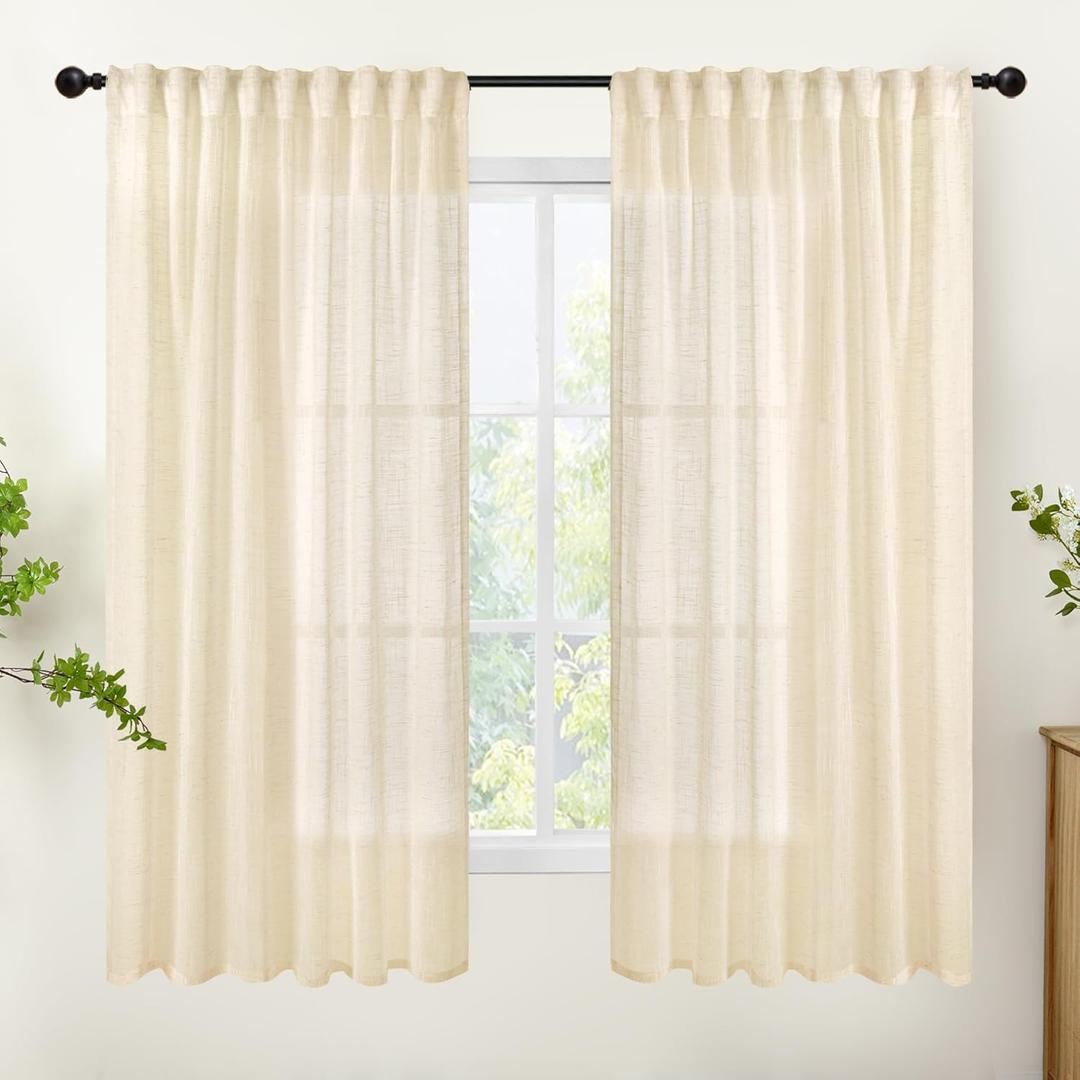 YoungsTex Linen Semi Sheer Curtains 63 Inch Length - Light Filtering Drapes with Back Tab Rod Pocket Lightweight for Living Room Window, Chamapgne, 2 Panels, 52 X 63 Inch (Champagne)