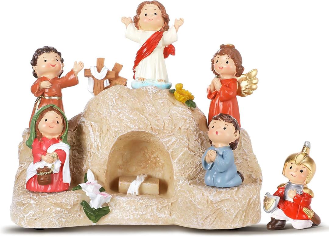 Wesiti 7 Pcs Easter Resurrection Scene Set Jesus Tomb Nativity Scene He is Risen Easter Decorations Religious Christian Home Figurines Gifts for Religious Home Office Tabletop Gift