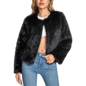 Fur Coats For Women, 2025 Plus Size Faux Fuzzy Jacket Fluffy Long Sleeve Winter Coat with Pockets (Black)