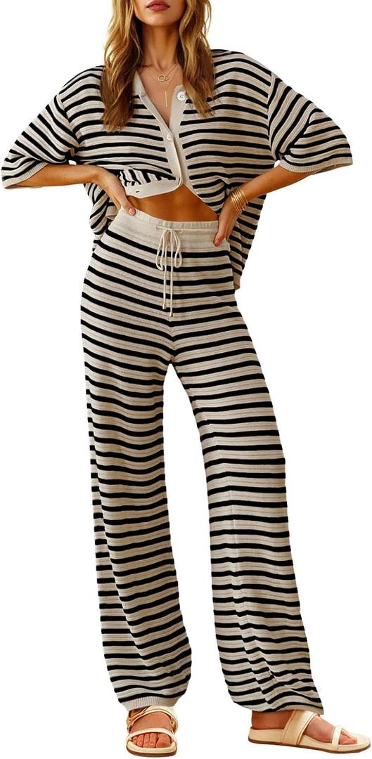 Tankaneo Womens Knit 2 Piece Lounge Sets Striped Short Sleeve Tops and Wide Leg Pants Travel Airport Vacation Outfits (S)