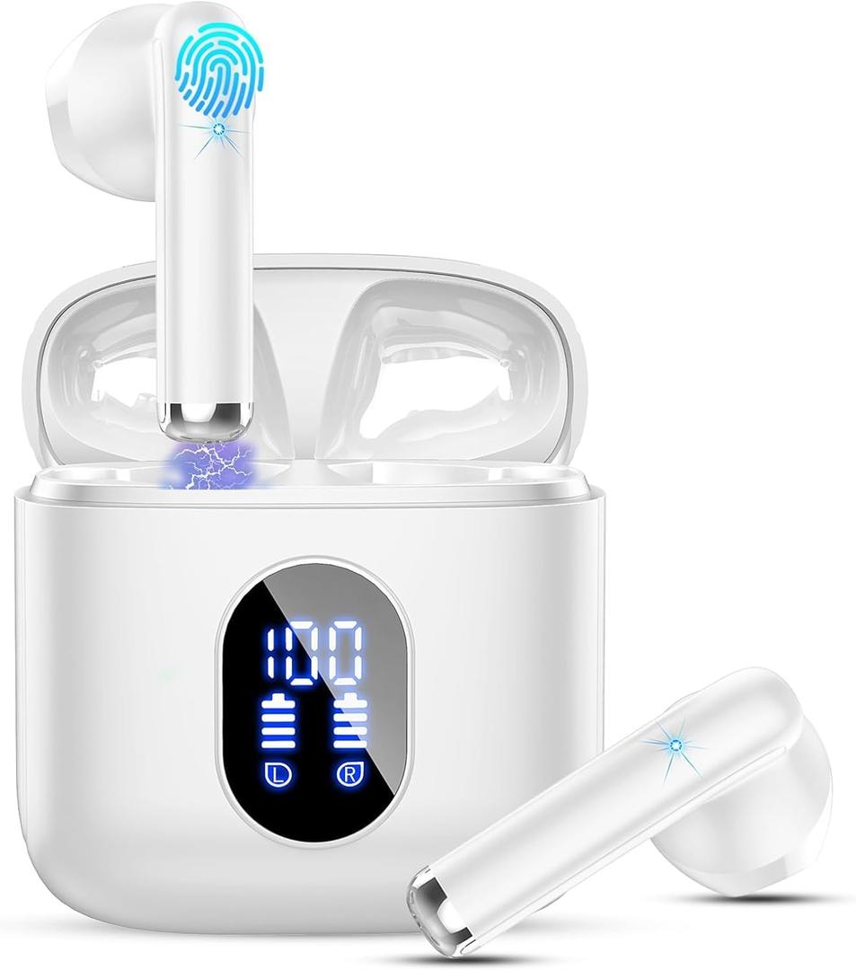 Wireless Earbuds, Bluetooth Headphones 5.4 with ENC Noise Cancelling Mics, 30H Bluetooth Ear Buds 3D Bass with LED Display Charging Case, IP7 Waterproof Wireless Earphones for Android/iOS White