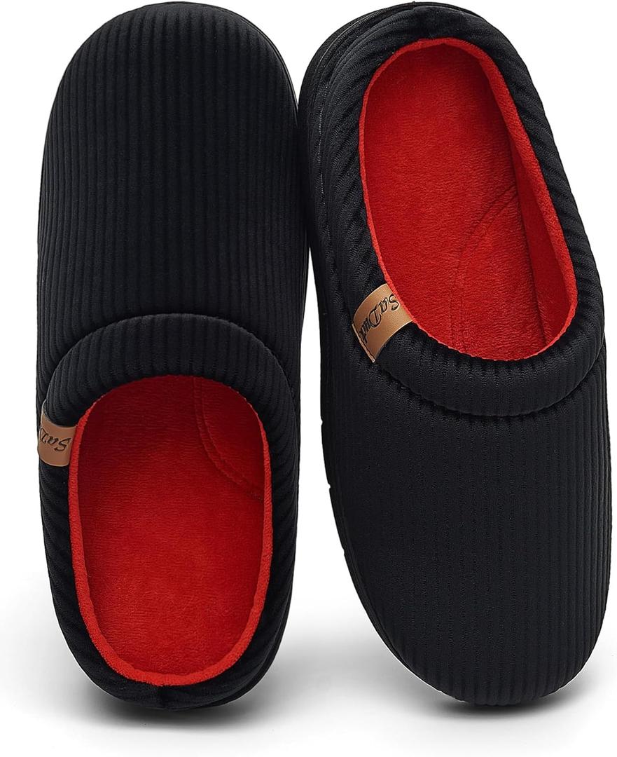 Men's Two-Tone Slippers with Arch Support Slip-On Warm House Shoes Cozy Memory Foam Indoor/Outdoor Breathable Slipper (13-14, Black+Red)