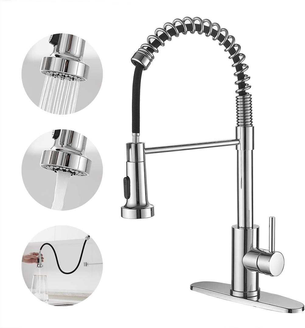 VOTON Chrome Kitchen Faucets with Pull Out Sprayer Commercial Spring Sink Faucet Stainless Steel Pull Down Single Handle Farmhouse faucets with Deck Plate for Camper Laundry Utility Rv Wet Bar
