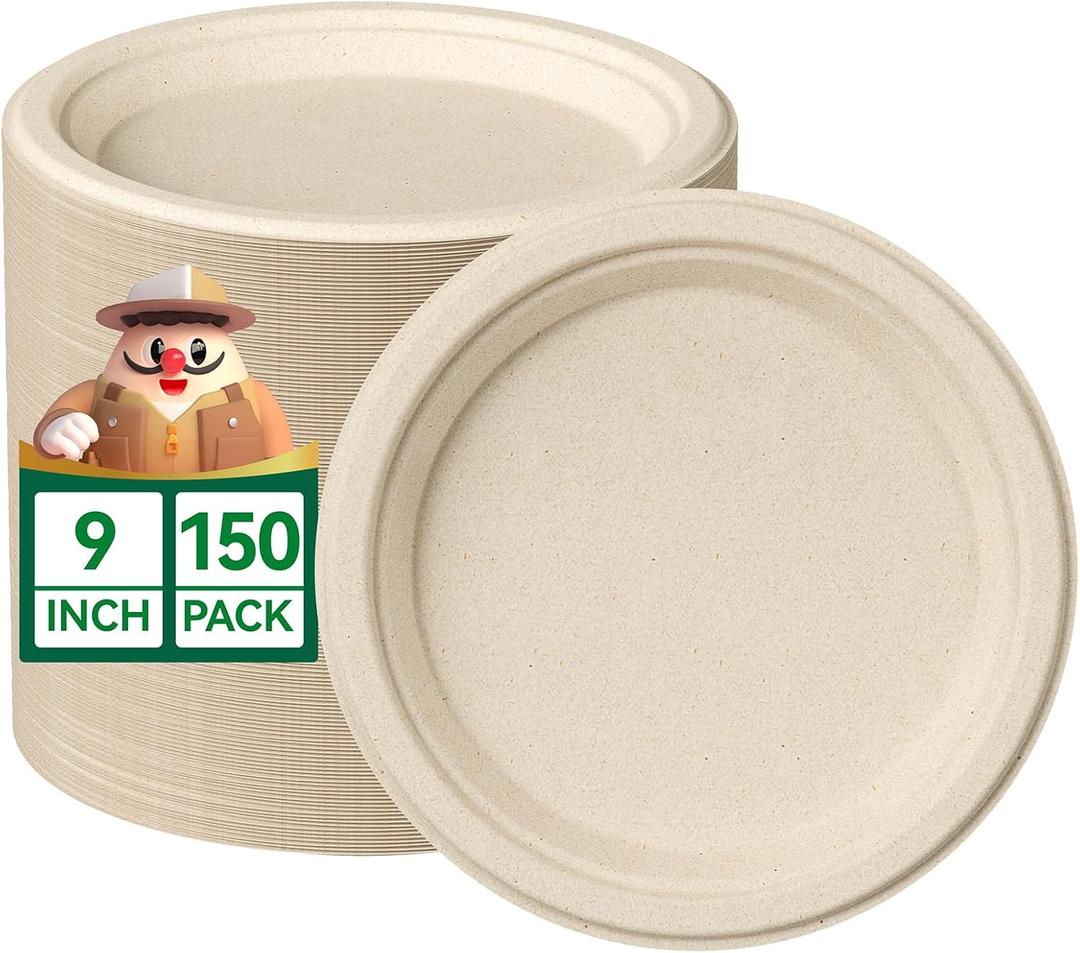 JOLLY CHEF 100% Compostable Paper Plates, 150 Pack 9 Inch Heavy Duty Plates, Disposable Biodegradable Eco-Friendly Sugarcane, Bulk Nature