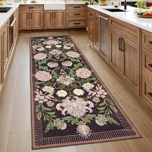 GarveeHome Plum Pink Floral Botanical 2x6 Washable Kitchen Runner Rugs Non Slip Black Purple Vintage Boho Cottage Long Rug for Hallways Bedroom Entryway Bathroom Mat with Rubber Back,  Deep Blackened Plum, 2' x 6' (Runner)