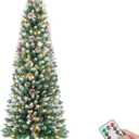 5ft Pre-lit Artificial Christmas Tree, Frosted Pencil Slim Christmas Tree Decoration with 160 Warm White Lights, 8 Lighting Modes, 400 Frosted Tips, 25 Pine Cones, Metal Stand