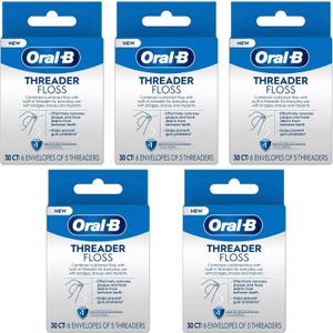 Oral-B Threader Floss 30 Count: 6 Envelopes of 5 Threaders (Pack of 5)