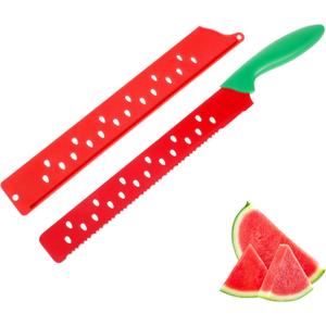 Watermelon Knife with Sleeve for Melon Cutting, Long Serrated Bread Lettuce Vegetable Knife, Kitchen Fruit Melon Tomato Cutter Slicer, with Cover for Home Summer Party Camping Outdoor (Red Green)