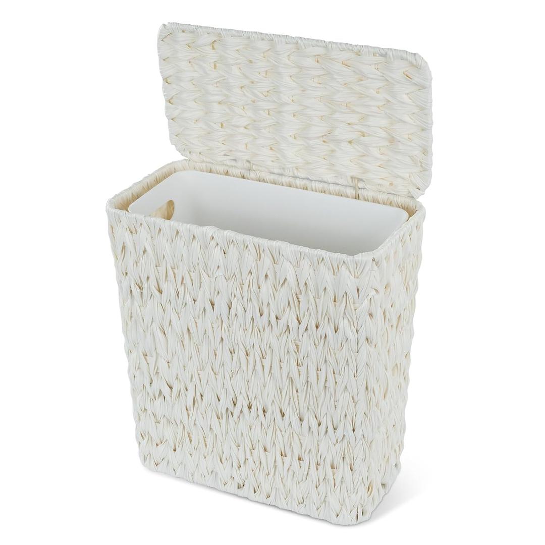 Wicker Trash Can with Lid and Liner,Boho Decotative Small Bathroom Trash Cans,Waterproof Slim Waste Basket for Bedroom,Home Office,3 Gallon Cream White
