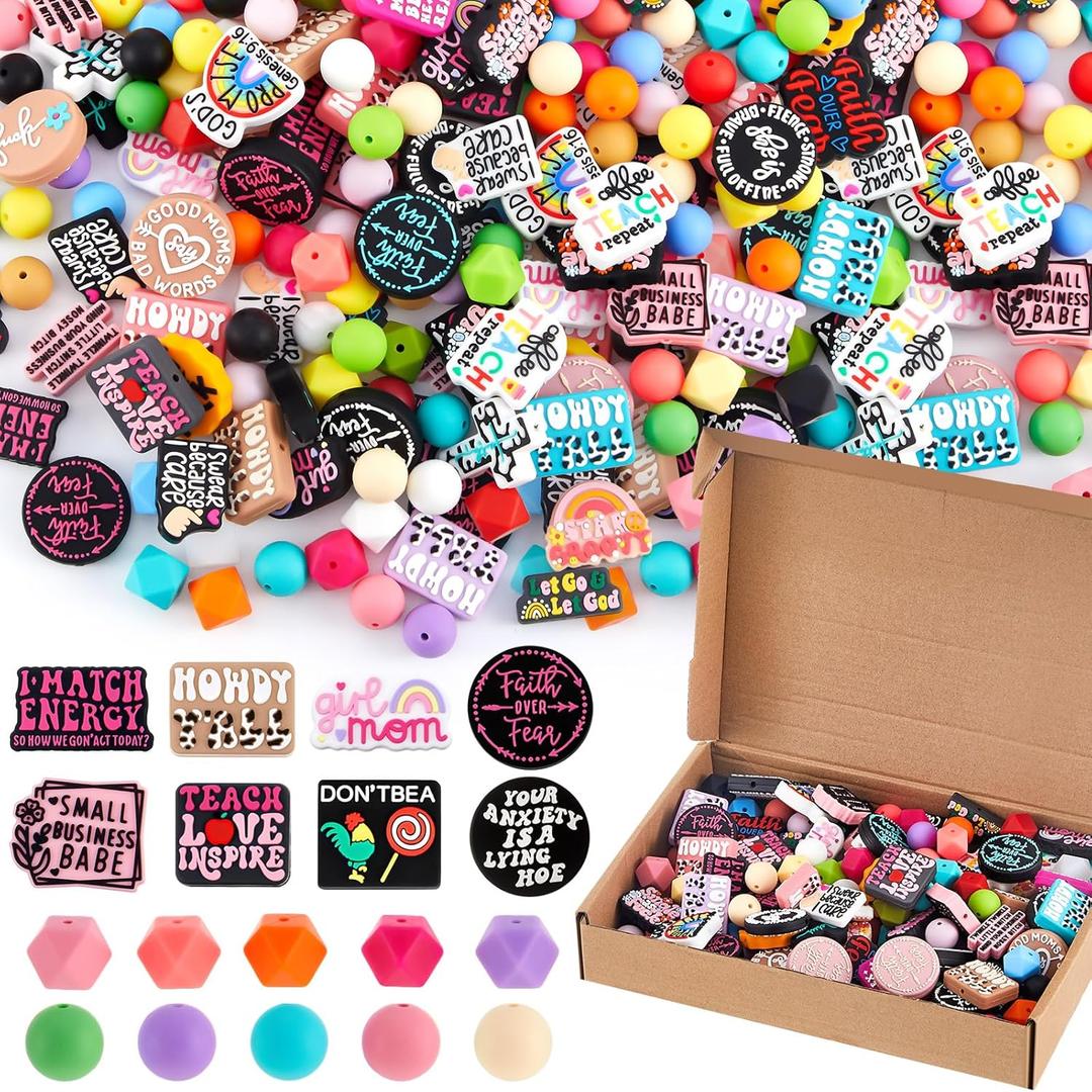 Landical 200 Pcs Inspirational Silicone Focal Beads for Pen Bulk Colorful Hexagon Round Silicone Beads for Keychain Making DIY Gift Necklace Bracelet Jewelry Supplies (Classic)