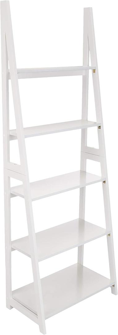 Amazon Basics Ladder Bookshelf Organizer, 5-Tier, Solid Rubberwood Frame, White Finish, 14D x 24.8W x 70.1H in