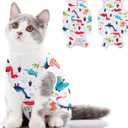 SUNFURA Cat Recovery Suit, Kitten Surgical Full Bodysuit for Abdominal Wound Protector Anti Licking After Surgery, Professional Bandages Cone E-Collar Alternative for Small Male & Female Pets (Colorful Dino),Medium