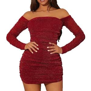 MOEENCN Women Mesh Bodycon Mini Dress Long Sleeve Square Collar Pleated Ruched Dresses Party Night Club Outfits Burgundy M