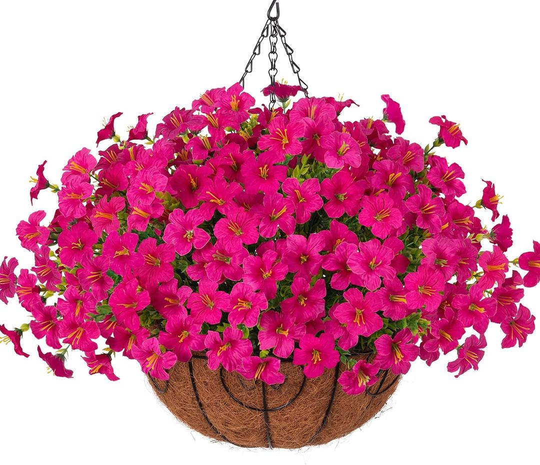 INSPRING Artificial Fake Hanging Flowers Plants Baskets for Outdoors, UV Resistant Outdoor Hanging Faux Silk Petunias in Planter Look Real Morning Glory for Outside Patio Porch Balcony Garden, Fuchsia