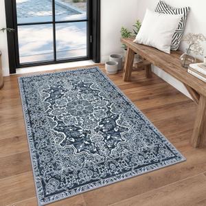 KUTA 3x5 Rugs for Entryway Non-Slip Washable Area Rug, Vintage Floral Kitchen Rugs Navy Blue, Ultra Soft Printed Medallion Tribal Entry Low-Pile Carpet for Entrance Bedroom Nursery Dorm Dcor