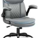 Leather Office Chair, Upgraded PU Computer Desk Chairs with Double-Layer Seat Cushion and Neckrest, 360Swivel, Ergonomic Small Gaming Chair with Wheels and Adjustable Armrests for Short People, Grey
