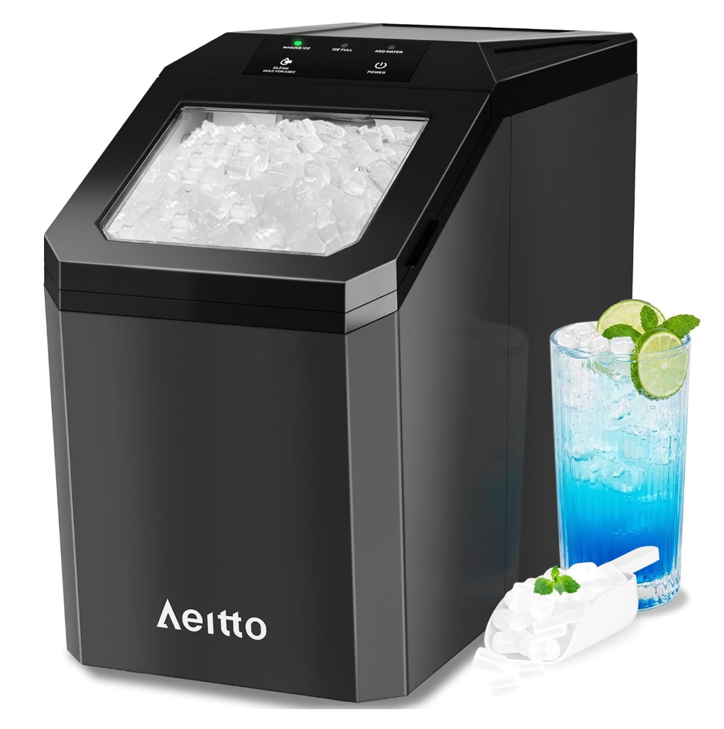 Aeitto Nugget Ice Maker Countertop, 55lbs/Day, Rapid Ice Release in 5 Mins, Large Capacity Chewable Ice Maker, Self-Cleaning with Stainless Steel Housing Ice Machine for Home Office and Party, Blcak