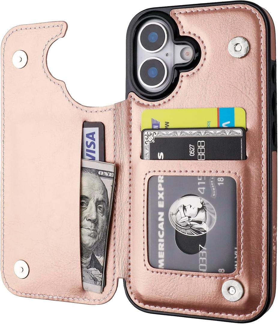 ONETOP Compatible with iPhone 17 Wallet Case with Card Holder, PU Leather Kickstand Card Slots Case, Double Magnetic Clasp and Durable Shockproof Cover 6.3 Inch (Rose Gold)