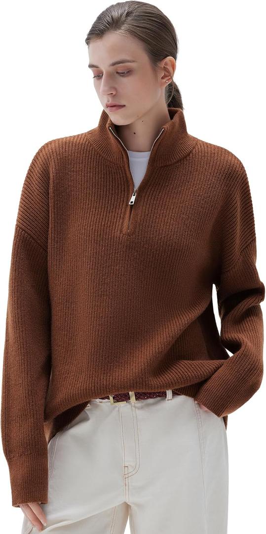 SUUKSESS Women Cashmere Blend Oversized Quarter Zip Pullover Sweater Long Sleeve Collared Ribbed Knit Jumper Tops (Large, Caramel)