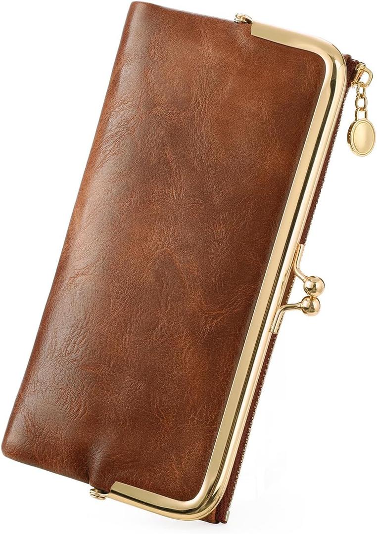 GOIACII Womens Wallet Ladies Vintage Billfold Compact Card Holder Long Zip Clutch Purse with Kiss Lock Brown