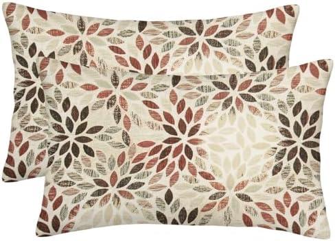 Burgundy Red Brown Pillow Covers 12x20 Inch Set of 2 Summer Rust Geometric Flower Outdoor Decorative Throw Pillows Farmhouse Dahlia Pillow Case Linen Lumbar Cushion Cover for Home Sofa Bedroom